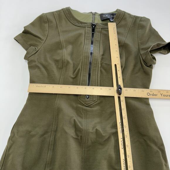 Toccin NY Dress Womens 8 Olive Green Short Sleeve Zip Front Fitted Sheath Career - Picture 8 of 10